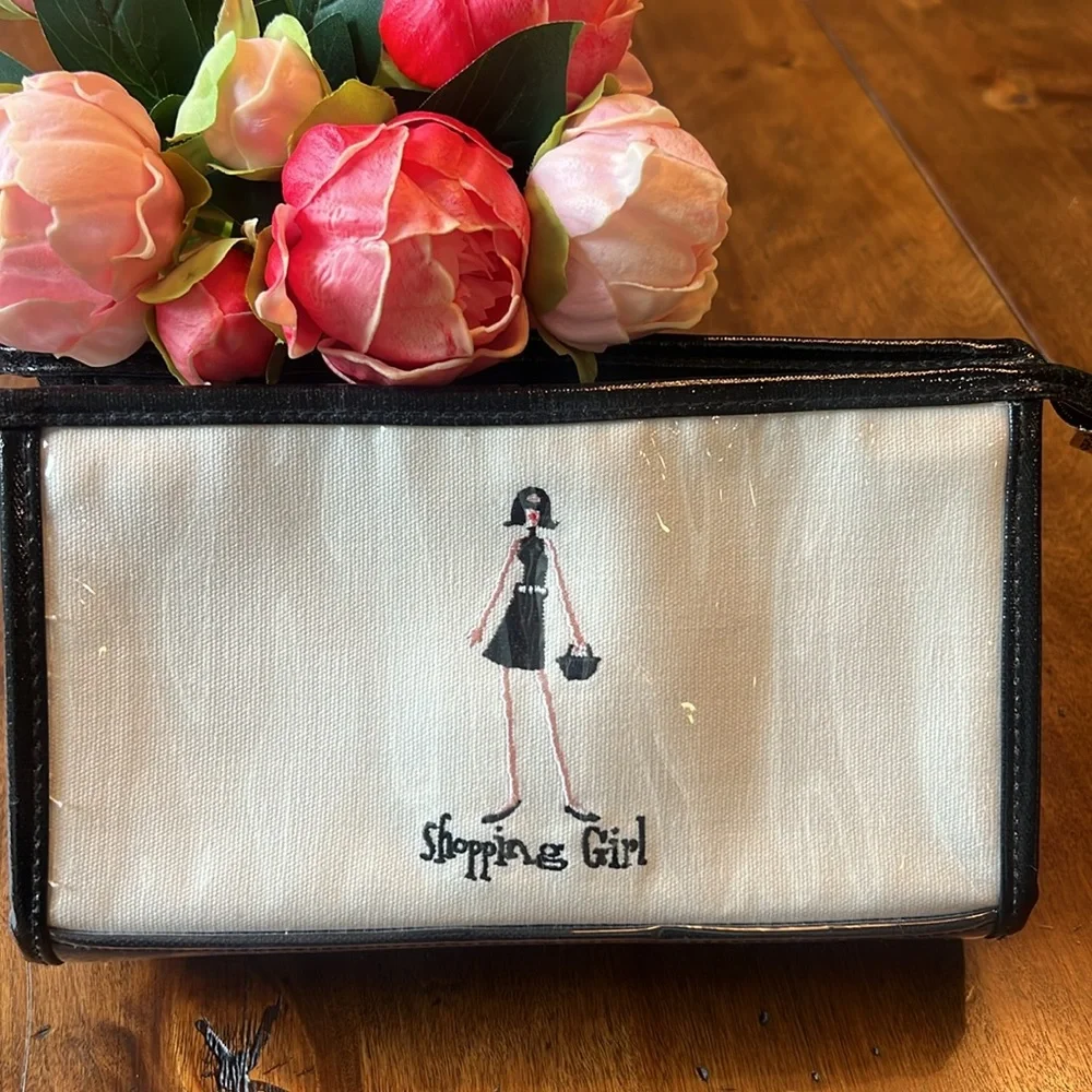 The Girls SHOPPING GIRL Embroidered Canvas Plastic Triangle Zip Cosmetic Bag - Picture 1 of 7